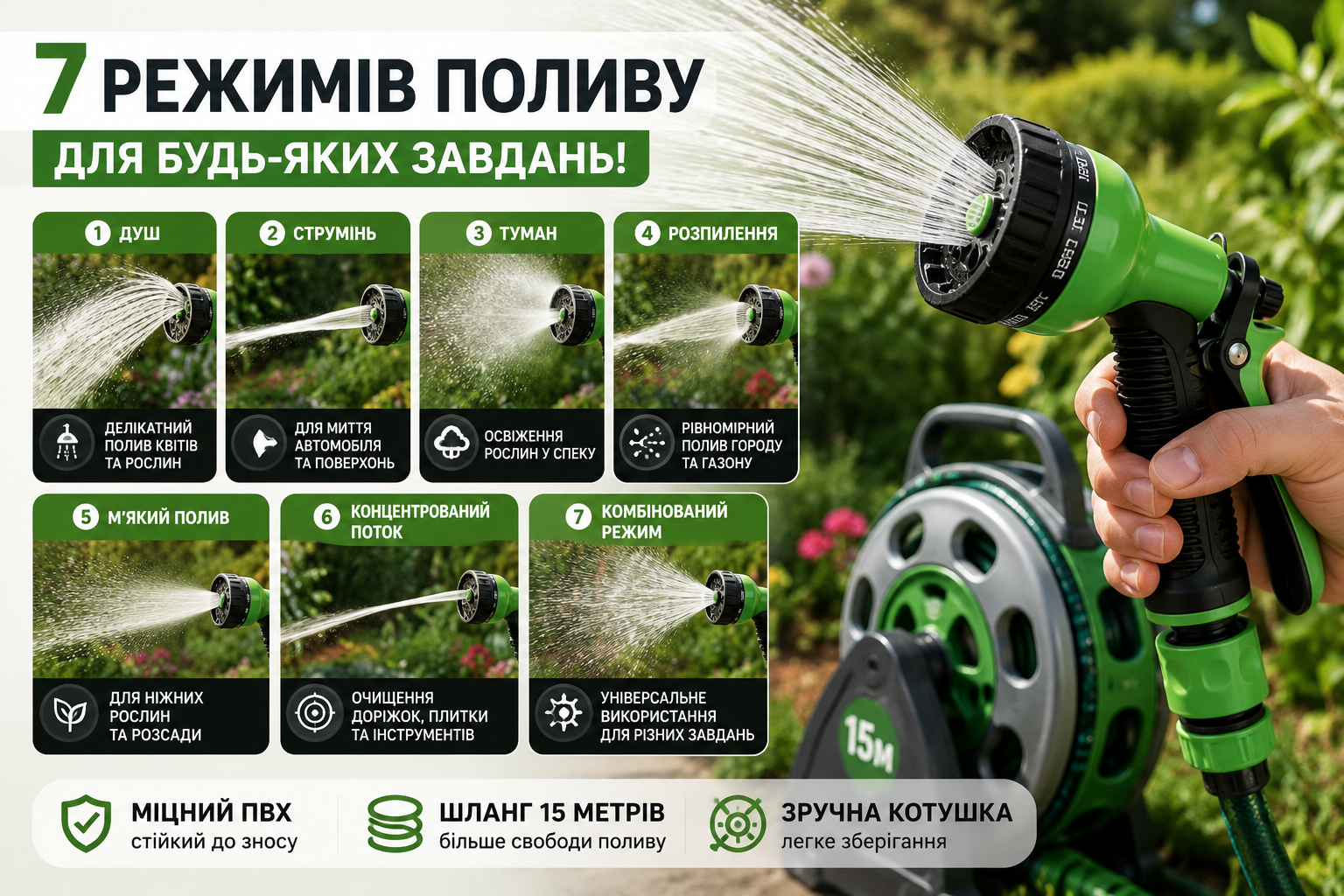 Садовий шланг для поливу 15 м з котушкою та розпилювачем на 7 режимів 