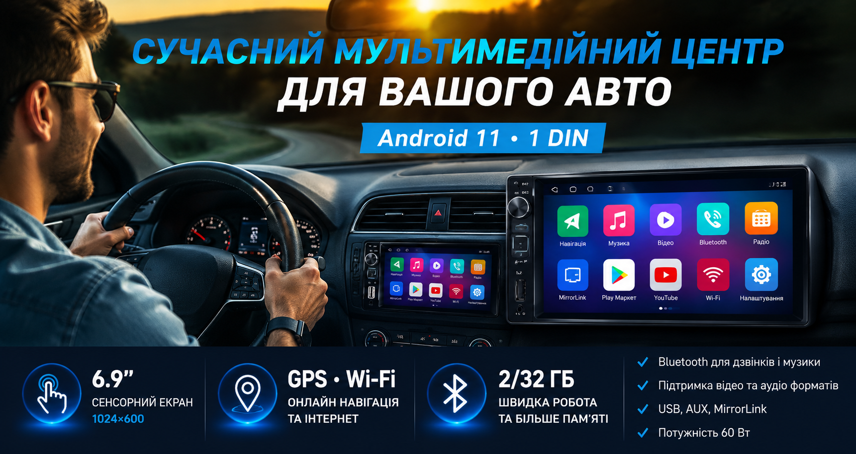 Автомагнитола 1 DIN Android 11 6.9" IPS сенсорный экран GPS Wi-Fi Bluetooth 2/32 ГБ
