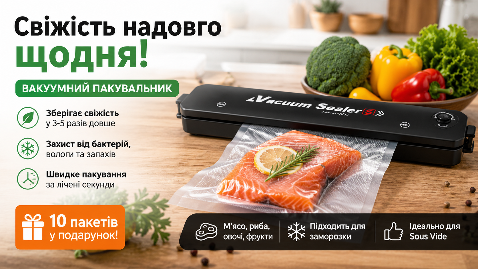 Вакуумный упаковщик Vacuum Sealer для продуктов + 10 пакетов в комплекте