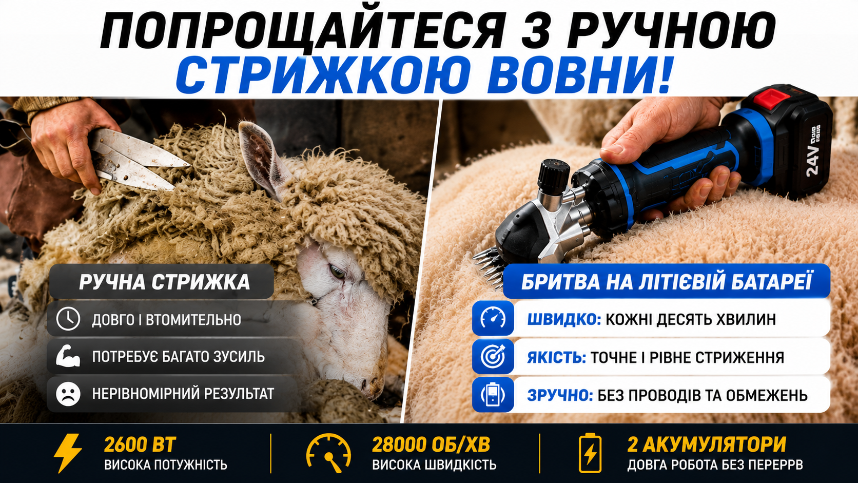 Аккумуляторная машинка для стрижки овец 24V с 2 АКБ в кейсе профессиональная