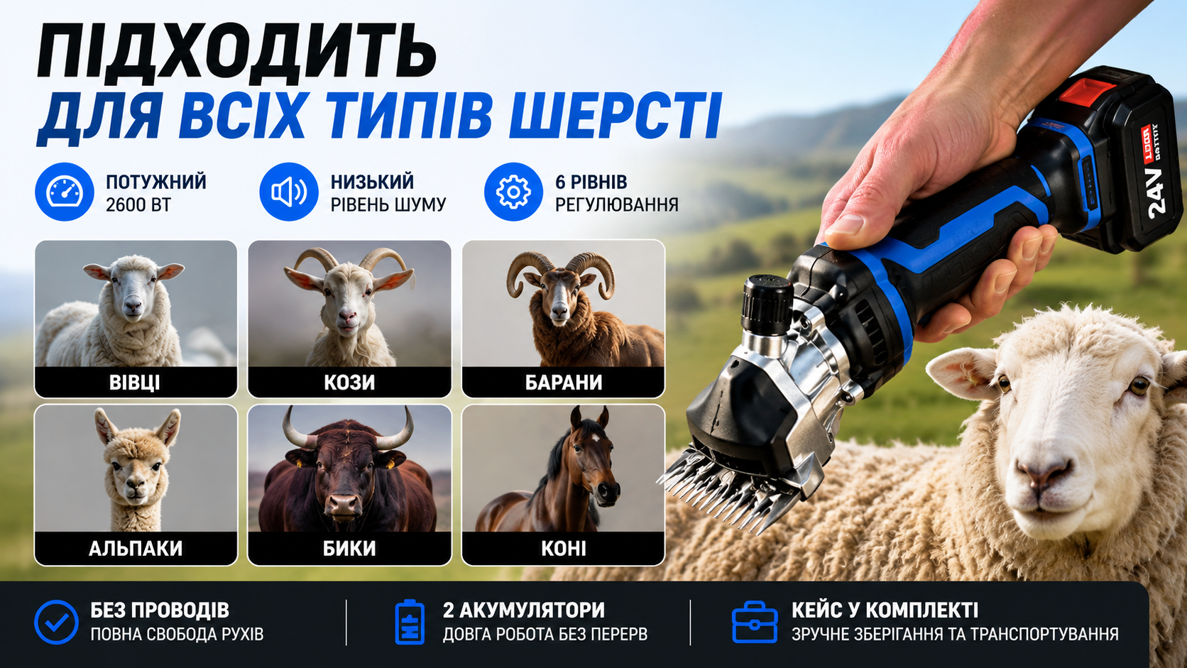Аккумуляторная машинка для стрижки овец 24V с 2 АКБ в кейсе профессиональная