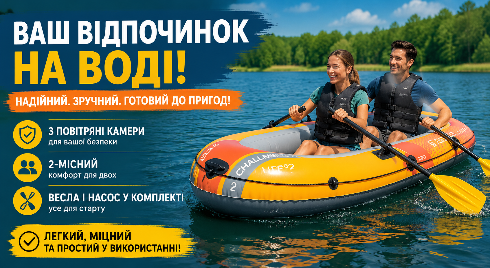 Надувная лодка Intex Challenger 2 (66312), 2-местная, 236×114×41 см, весла и насос в комплекте