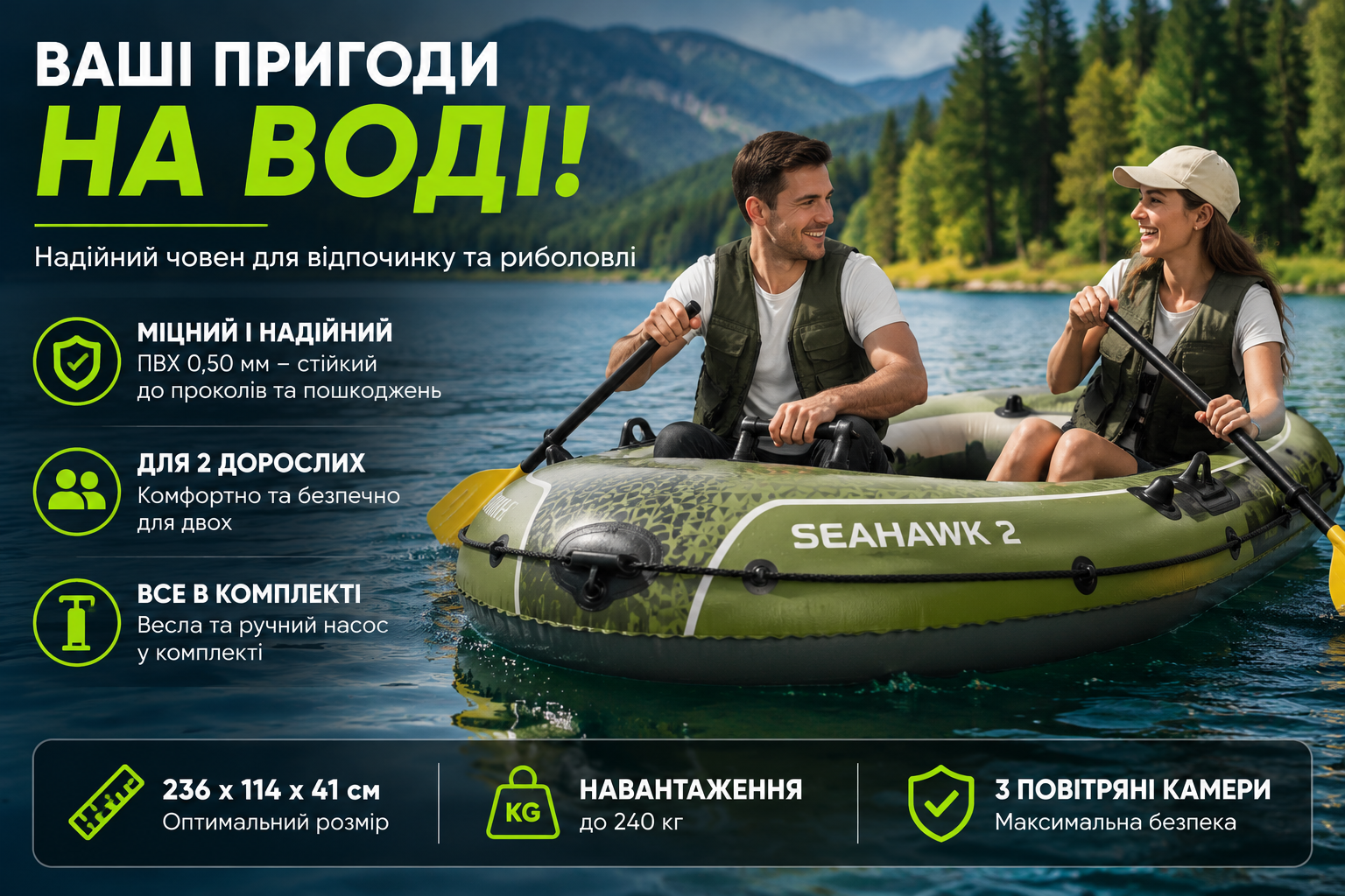 Надувная лодка Intex Seahawk 2 Set 66332 двухместная с веслами и насосом