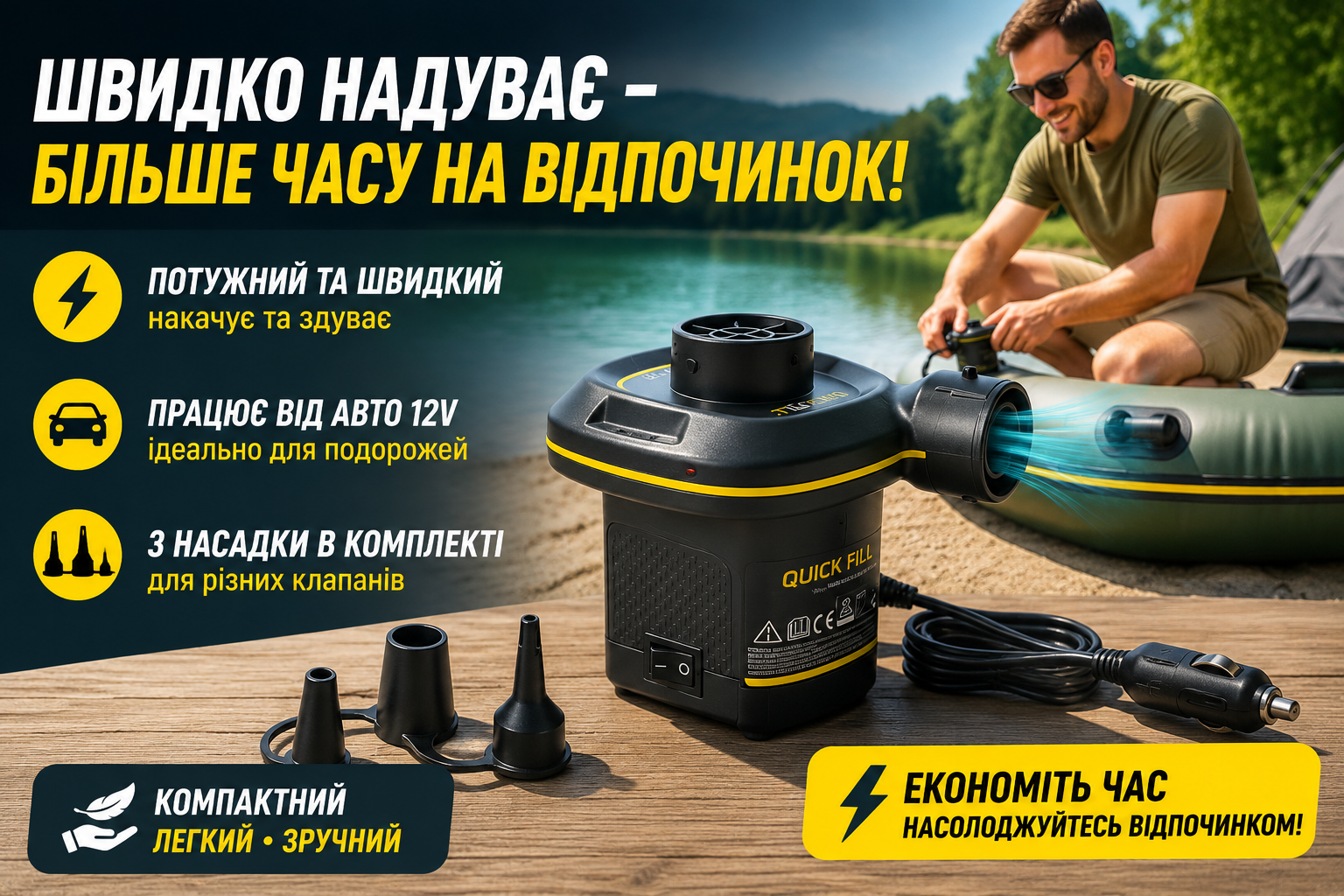 Электрический насос Intex 66634 Quick-Fill 12V для надувных изделий с насадками