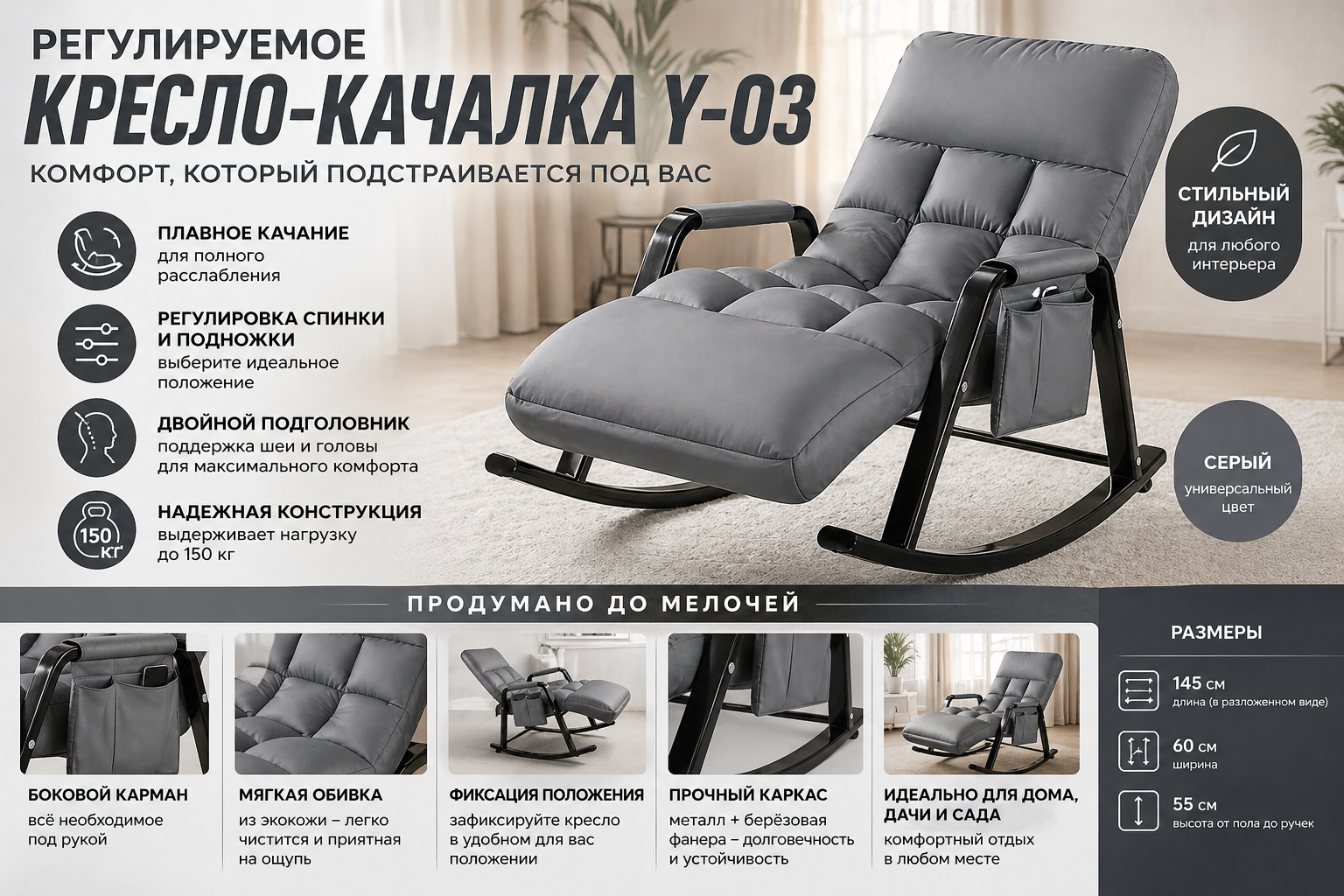 Кресло-качалка регулируемое 145×60×55 см Y-03 серое с подножкой, подголовником и карманом
