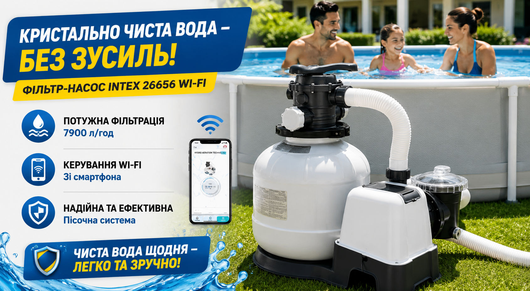Песочный фильтр-насос Intex 26656 Wi-Fi 7900 л/ч для каркасных и надувных бассейнов
