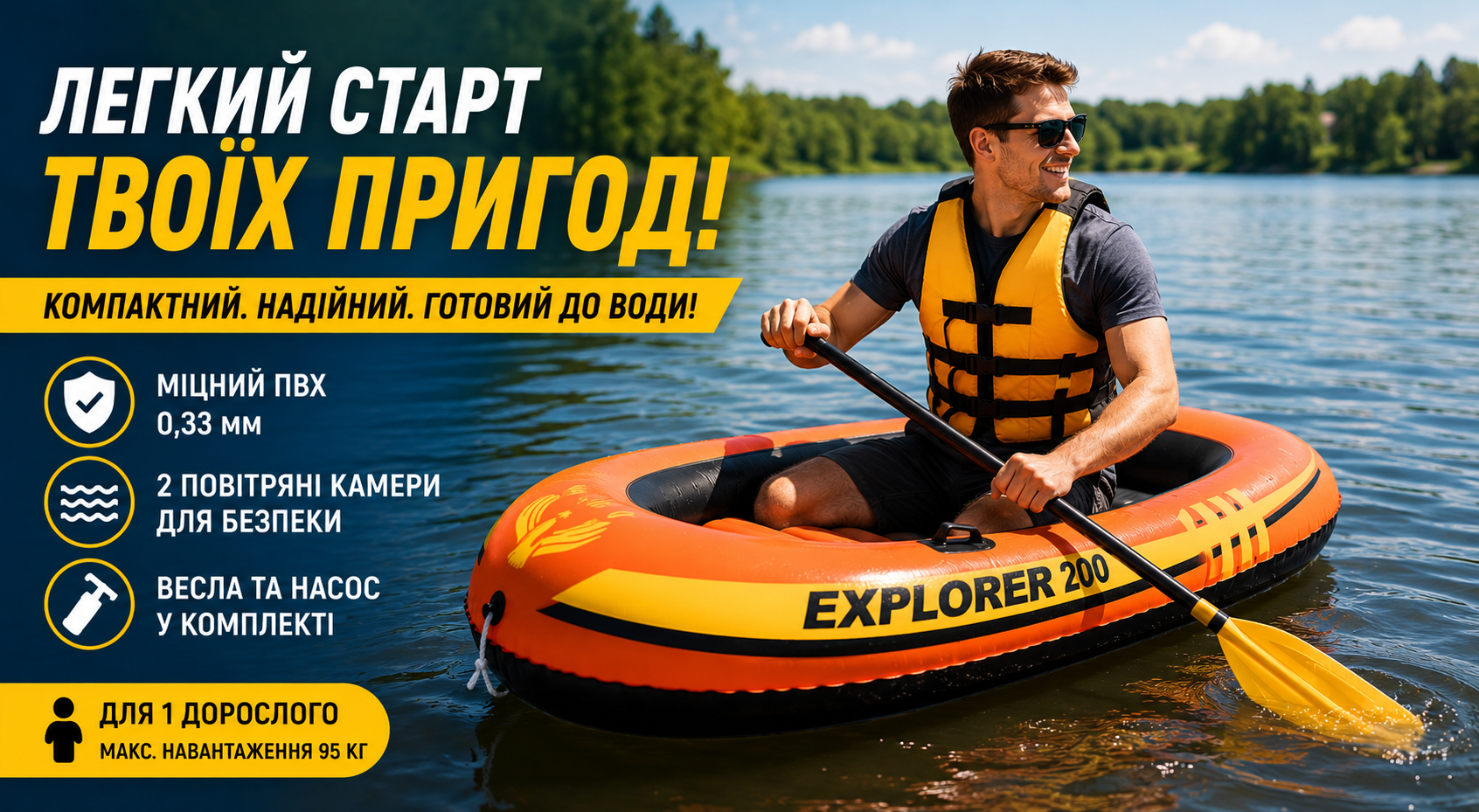Надувная лодка Intex Explorer 200 Set 58331 с веслами и насосом, 185 x 94 см, 1-местная