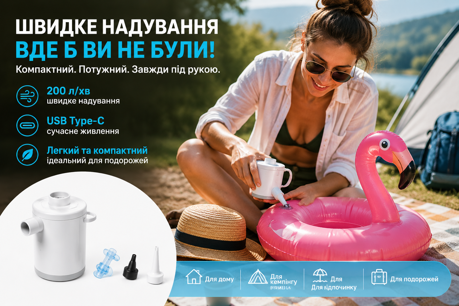 Электрический насос Intex 66647 QuickFill USB Type-C 200 л/мин для надувных изделий