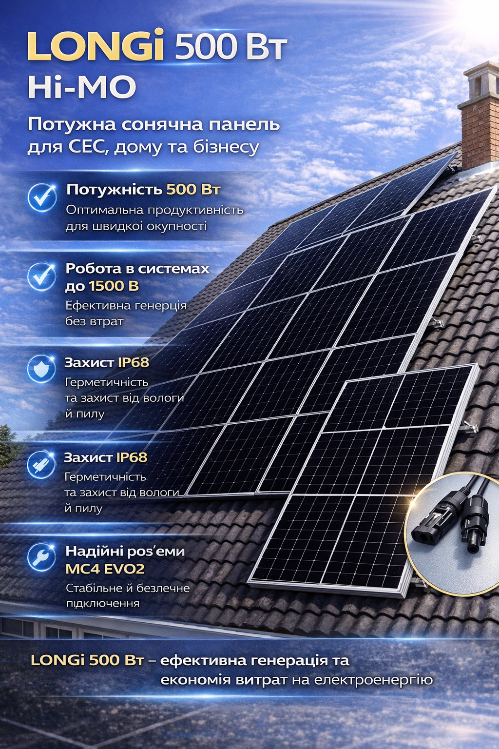 Сонячна панель LONGi LR5-66HIH-500M Hi-MO 500 Вт Silver Frame (MC4 EVO2, 1500V, 25A)